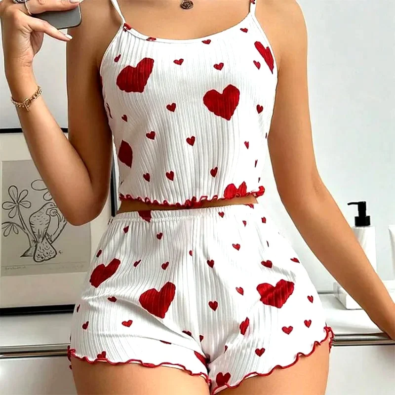 Women's Pajamas Set Sleepwear 2 PCS Short Tank Tops And Shorts S M L White Ventilate Soft Casual Love Printing