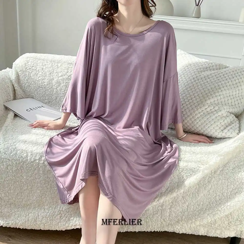 Large Size 6XL 140KG Summer Modal Dress O Neck Short Sleeve Solid Color Dress Oversized Women Loose Soft Comfortable Home Dress