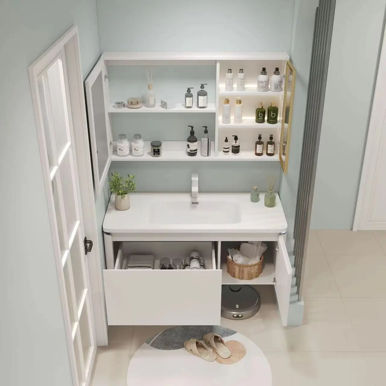 Picture 5: Modern cream style round wall-mounted bathroom cabinet ceramic integrated basin white plywood can be customized size