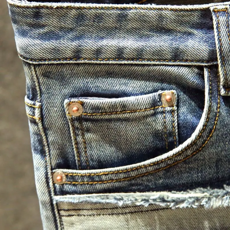 Trendy 2025 Brand Sticker Handsome Jeans Men's Designer Multi-pocket Trend Slim-fitting Pants Patchwork Patch Elastic Trousers