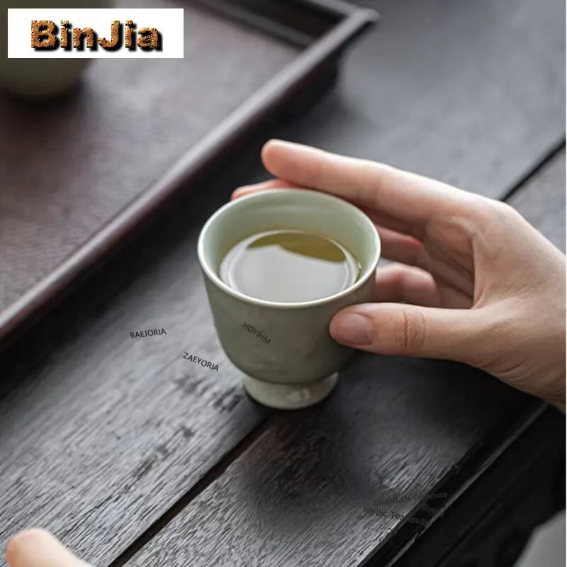 80ml Relief Azure High Foot Teacup Vintage Tea Bowl Sample Tea Cup Tea-tasting Meditation Cup Chazhan Master Cups Teaware Craft