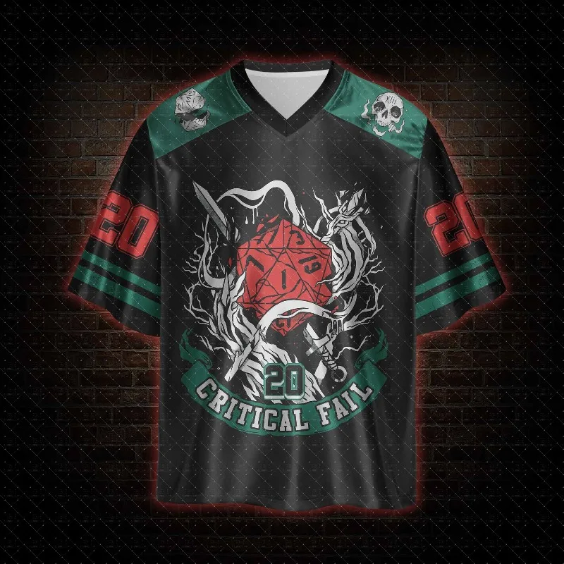 V Neck Football Jersey D20 Tabletop Game Dice Skull Sword Critical Fail Print Black Green Red Striped Sleeve Loose Sport Tee