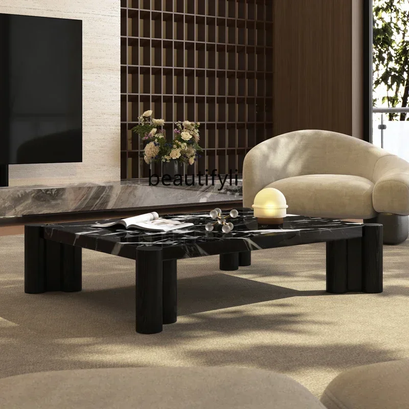 

V Natural marble solid wood coffee table living room designer modern black luxur stone coffee table