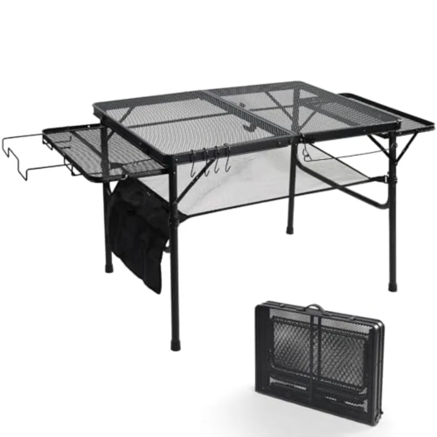 

3ft Folding Camping Table with Wing Panels, Metal Mesh Grill Table, 2 Adjustable Heights, Storage Net, Paper Towel Holder, Hook