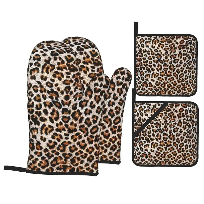 Leopard Oven Mitts and Pot Holders Sets of 4 Cheetah Print Heat Resistant Non-Slip Oven Gloves for Kitchen Cooking Baking BBQ