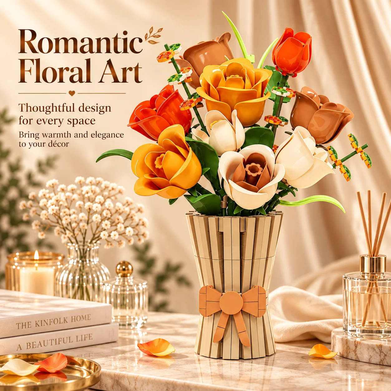 868PCS Rose Bouquet Building Set Artificial Flower Botanical Building Blocks With Bowknot Vase Home Office Decoration Romantic Gift For Her