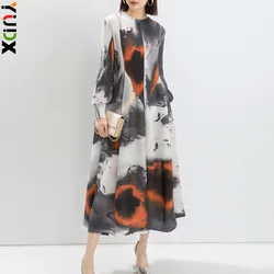 Miyake Pleated Women's Dresses Temperament Printing Lantern Sleeves Loose Plus Size Half High Neck Long Dress 2024 Spring New