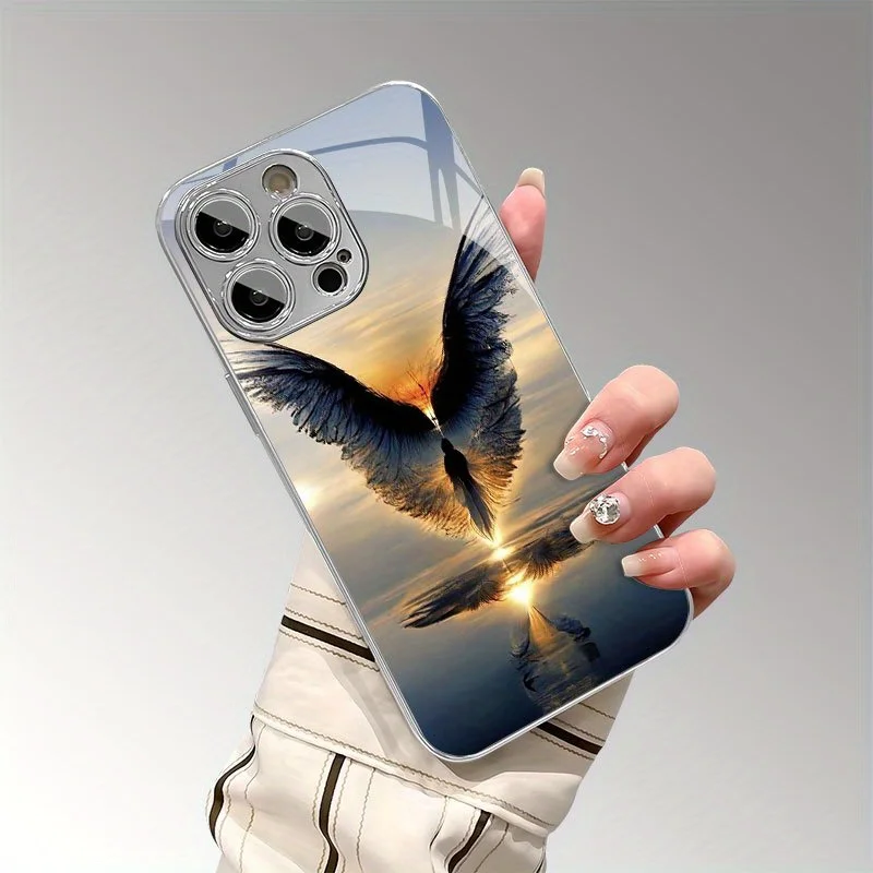Waterproof Wing-pattern Electroplated Glass Phone Case, suitable for iPhone 18,17, 17 Pro, 16, 15, 14, 14 Plus, 13, 12, 11, etc.