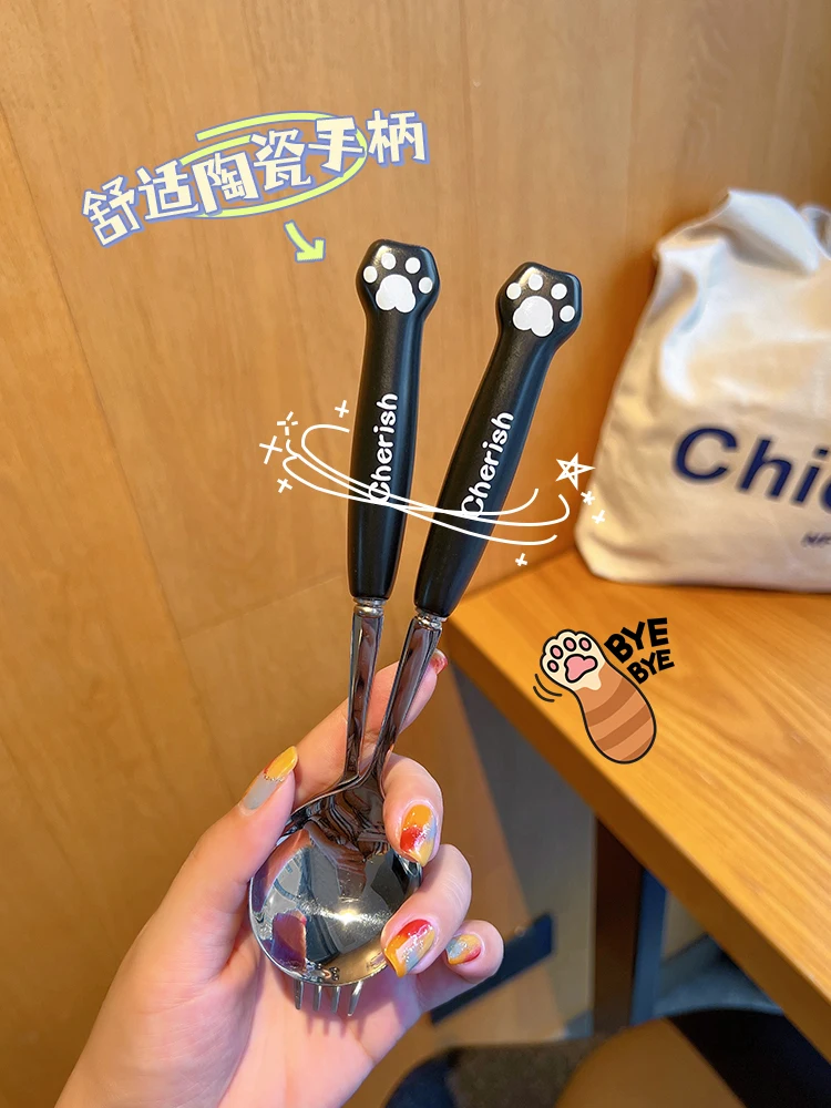 INS Style Chopsticks Spoon Kit Cute Cartoon Fork for One Person Student Portable Stainless Steel Tableware Three-Piece Set