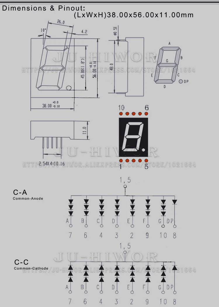 10pcs 1.8 인치 10 핀 1 자리 비트 7 세그먼트 블루 LED 디지털 디스플레이 Digitron 18101AB 18101BB 일반적인 양극 음극 C-C C-A