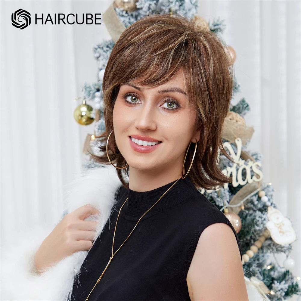 HAIRCUBE Short Layered Straight Blend Human Hair Wigs Brown Mixed Blonde Bob Wig with Bang Human Hair Blend Wig Heat Resistant