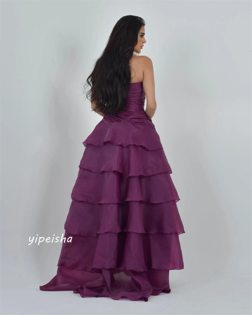  Evening  Sexy Casual  Organza Draped Tiered Pleat Evening A-line Strapless Bespoke Occasion Gown Long Dresses