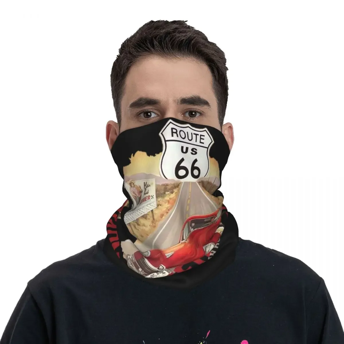 Route 66 US Merch Bandana Neck Gaiter Vintage Road Wrap Scarf Multifunctional Riding Balaclava Unisex All Season