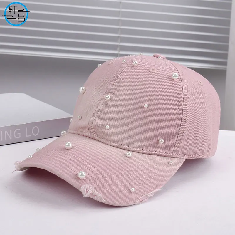 New Spring/Summer Casual Handmade Pearl Baseball Cap, Gradient Color Duckbill Cap, Face Slimming Sun Protection Hat for Women