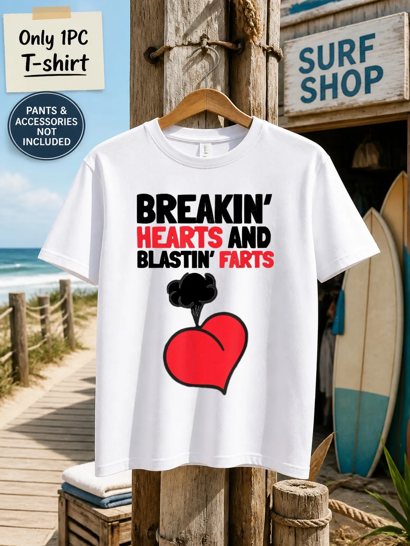 1pc Mens Graphic T Shirt Breakin Hearts And Blastin Farts Short Sleeve Crew Neck[solely 1pc T-SHIRT]