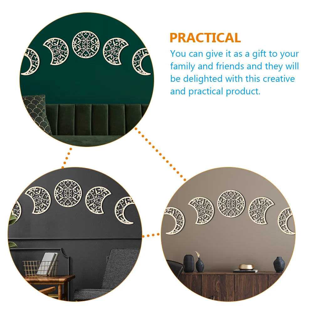 5 Pcs Moon Phase Wood Chip Decoration Boho Wall Stickers Wooden Ornament Household Nordic