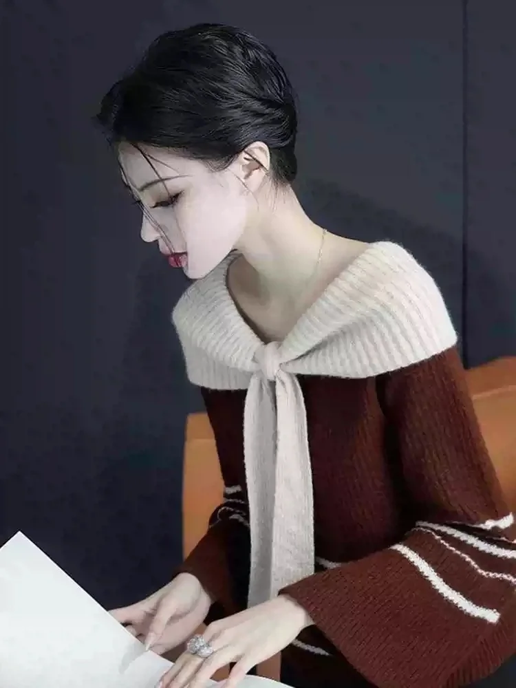 

Coffee Color Scarf Collar Striped Knit Sweater Women's Inner Wear Casual Sle Autumn Winter Thiened Warm Long Sve Top
