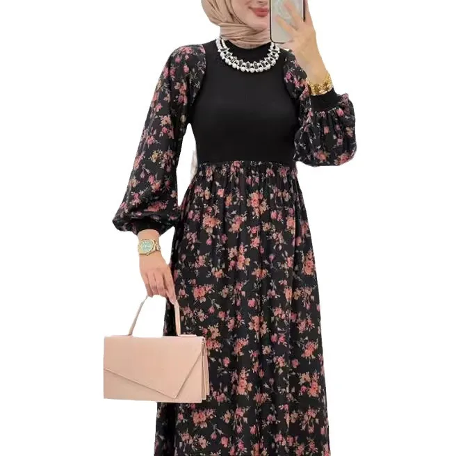 Neues muslimisches Kleid mit langen Ärmeln, Ramadan-Kleid, bequeme Mode, türkische islamische Kleidung, Damen-Blumenkleider