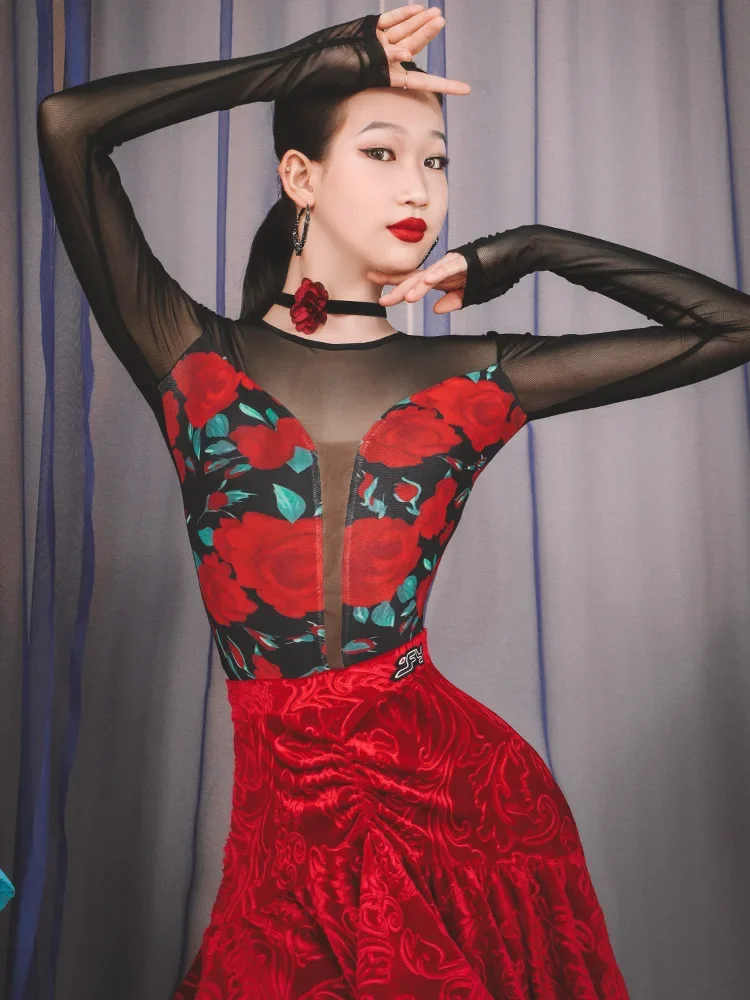 ChaCha Rumba Competition Dress Latin Dance Performance Costume Mesh Long Sleeve Tops Red Velvet Skirt Practice Clothes