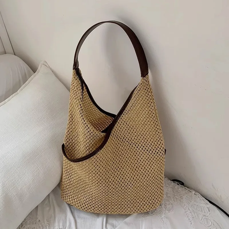 New Straw Woven Hollow Handbag Women Summer Beach Totes Simple Underarm Shoulder Bag Woven Bucket Bag Casual Shopping Handbag