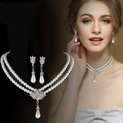 Elegant Simulated-pearl Bridal Jewelry Sets Rhinestone Pearl Necklace+Earrings Pearl Elegant Decoration Pendientes Gifts