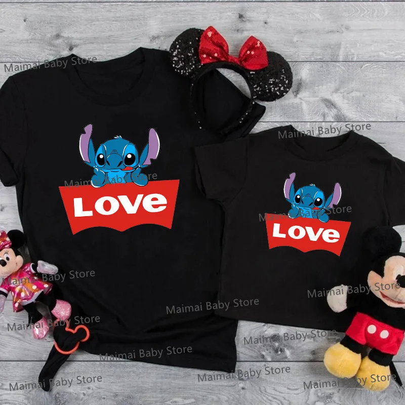 New Disney Stitch Love Print Family Matching Shirts Cotton Dad Mom Kids Tshirts Funny Look Disneyland Trip Outfits Clothes Gifts