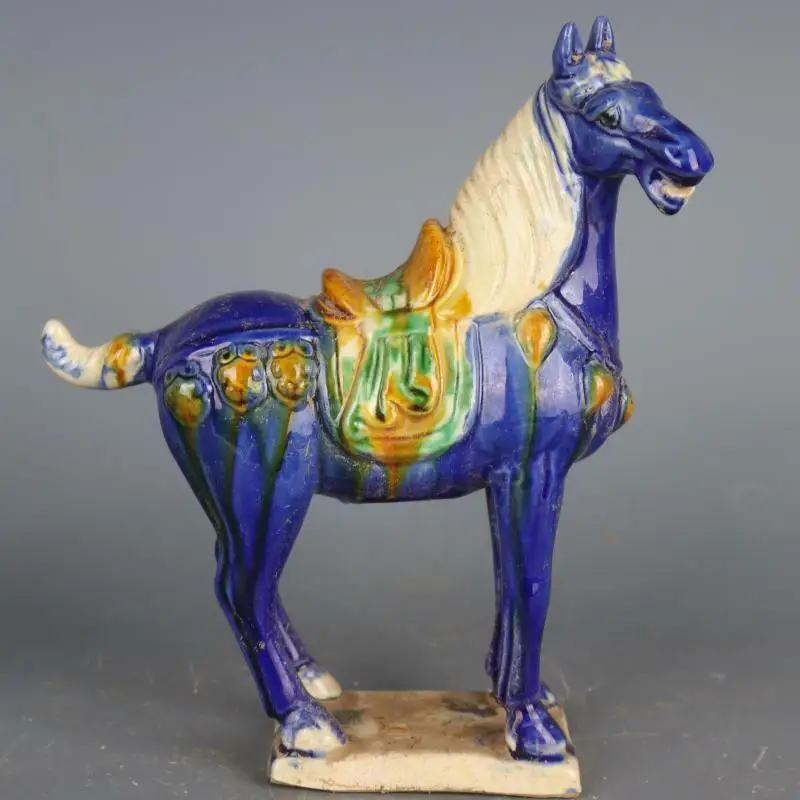 

Chinese Tang Tri-Color Glazed Ceramics Blue War Horse Porcelain Statue 8.7 Inch