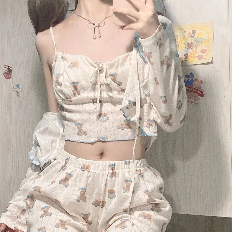 Summer Sweet Cartoon Bear Print Lolita Pajamas 3 Piece Sets Women Loose Shorts Sexy Sling Vest Suit Girls Home Clothes Pyjamas