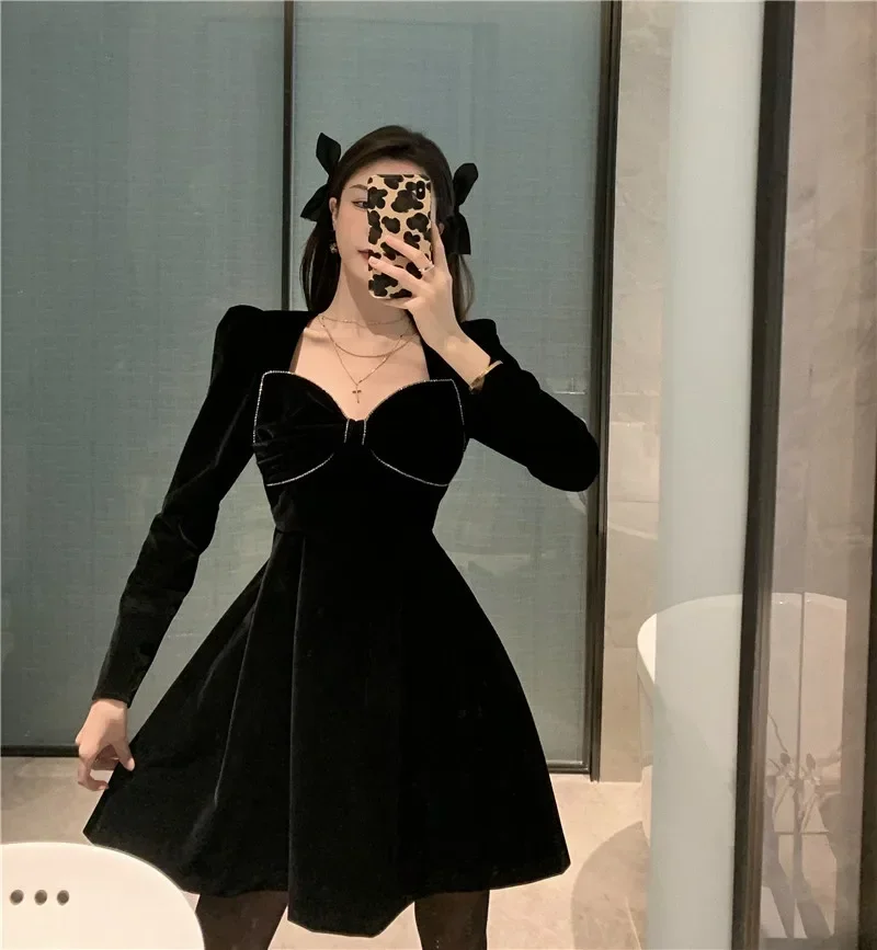 Fashion Spring Autumn Women Dress Big Bow Collar Velvet Elegant Black Long Party Dresses Female Bing 2025 NEW French Style