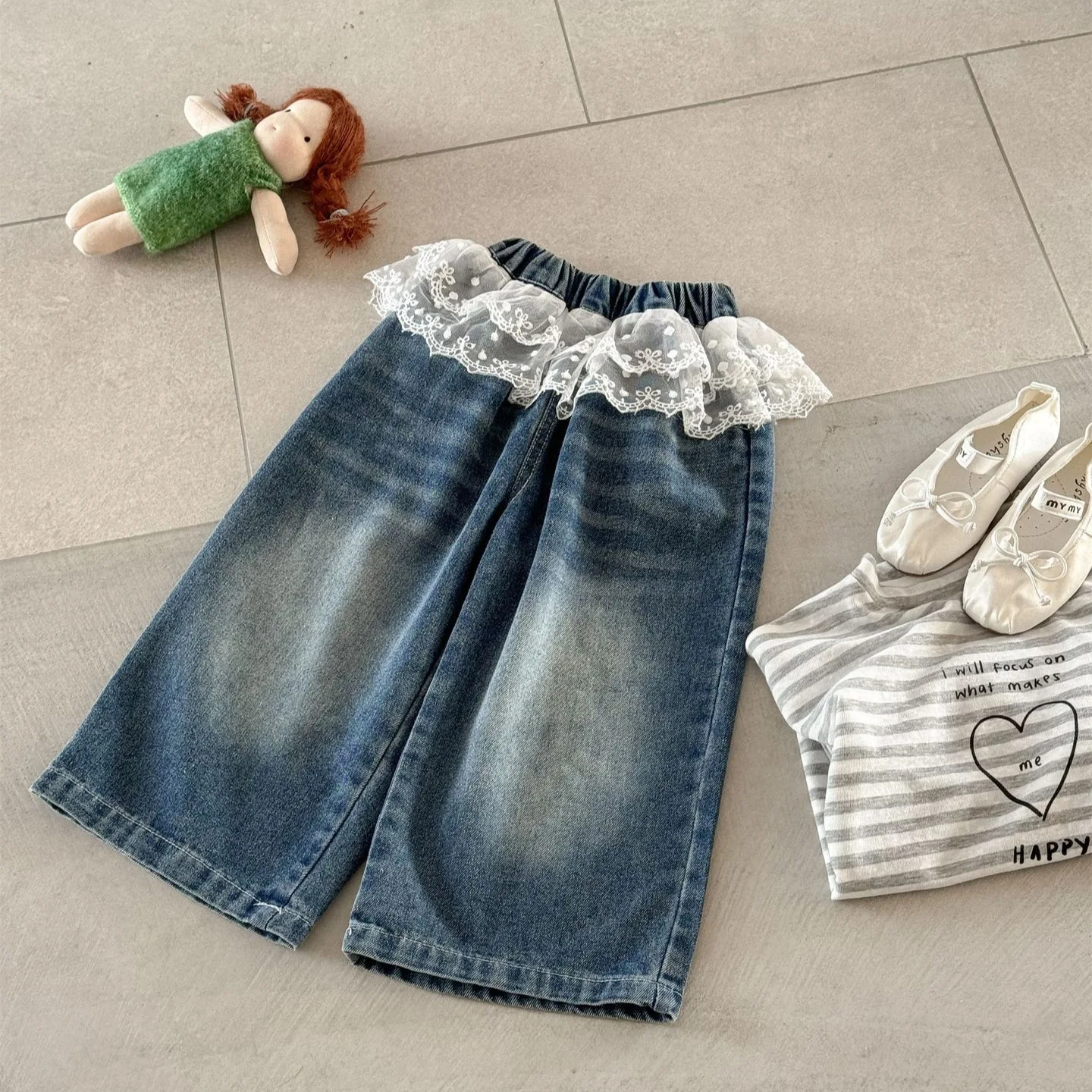 

2025 Spring New Product Korean Children's Clothing Korean Edition Cute Western Style Lace Lace Straight Tube Girls' Jeans