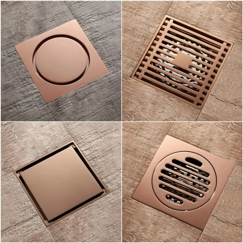 Rose Gold Brass Square Floor Drain 10cm Anti-Odor Shower Drain With Removable Cover For Bathroom