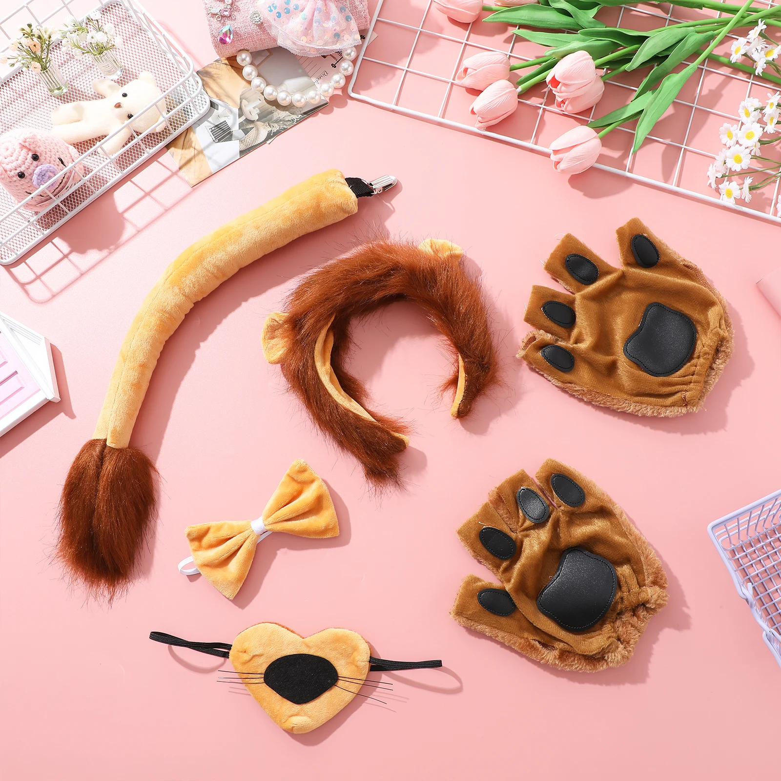 

Lion Costume Accessories Set Halloween Cosplay Prop Large Nose Yarn Ears Tail Gloves Soft Fabric Realistic Texture Lifelike
