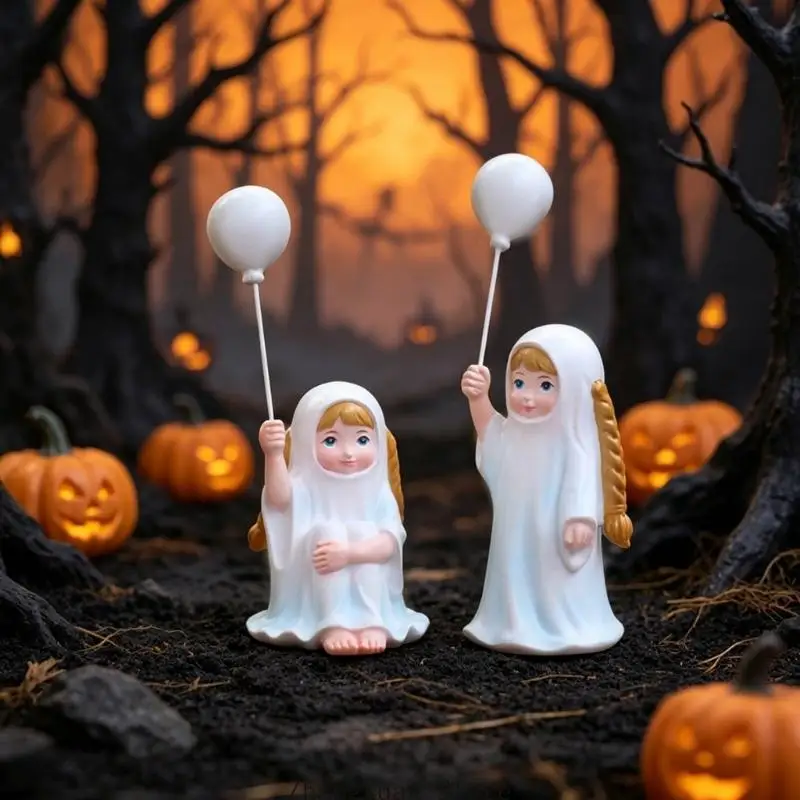 Halloween-Geistermädchen-Figuren-Set, 2-teilige Tischdekoration aus Kunstharz mit weißem Ballon-Detail für Kaminsims, und – Detail 2