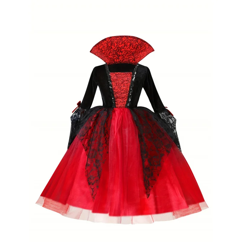 Готическое праздничное платье вампира для девочек — элегантный красно-черный кружевной костюм с воротником-стойкой, тюлевой юбкой и контрастной кружевной отделкой, Хэллоуин