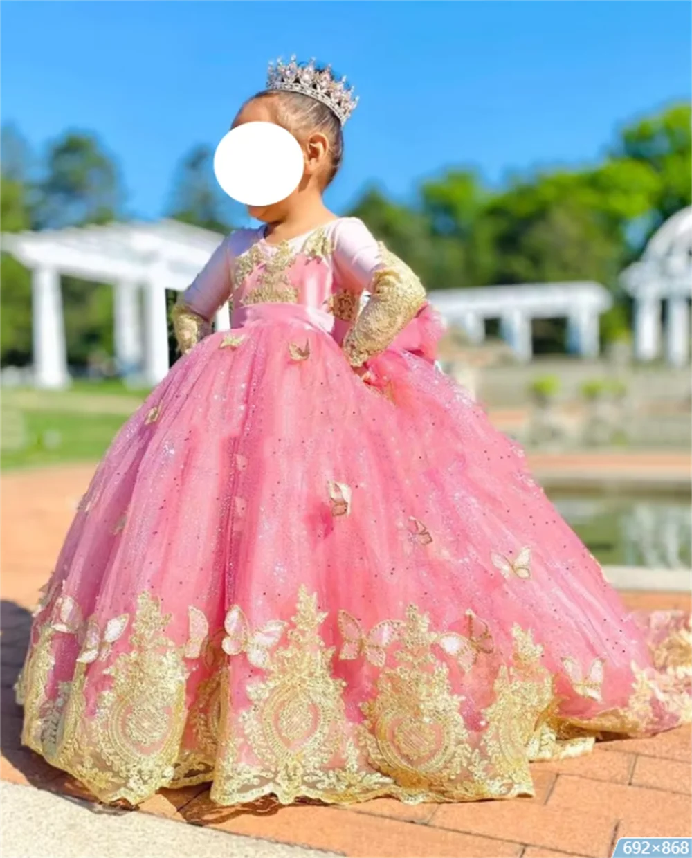 Precioso vestido dorado rosa con cuello redondo y manga larga con lazo para niña, vestido elegante con apliques hinchados, decoración de tul, princesa pequeña