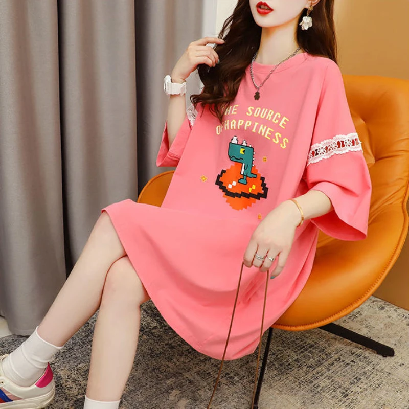 Korean Aesthetic Clothes Midi Women\'s T-shirt for Summer T Shirt Casual Pulovers Tops Black Fashion Graphic Loose Short Sleeve