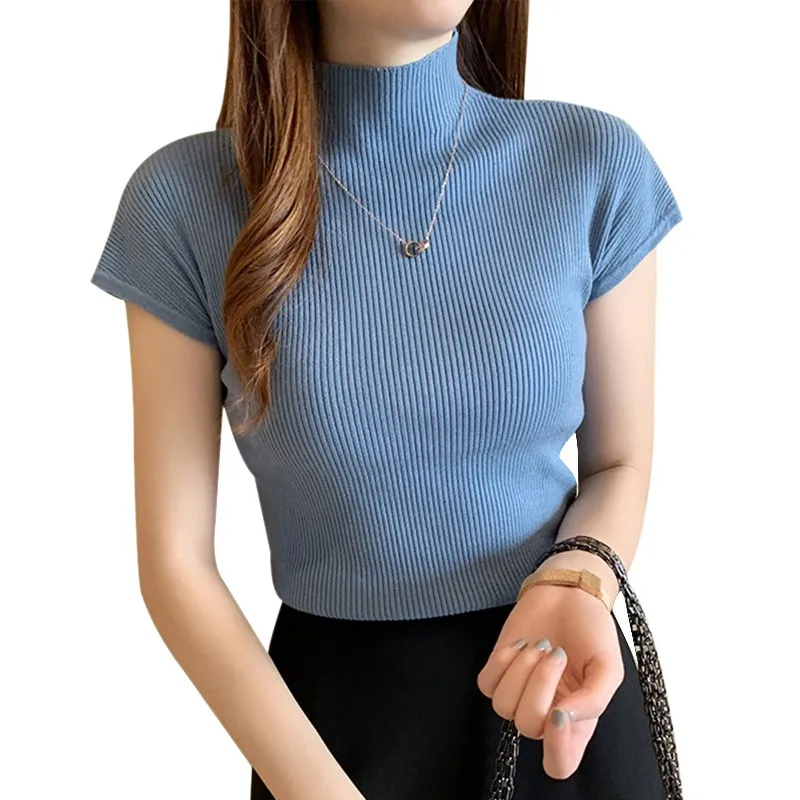 Summer Spring Women\'s Tops Solid Half Turtleneck  Slim Knitted Short Sleeve  T-Shirt