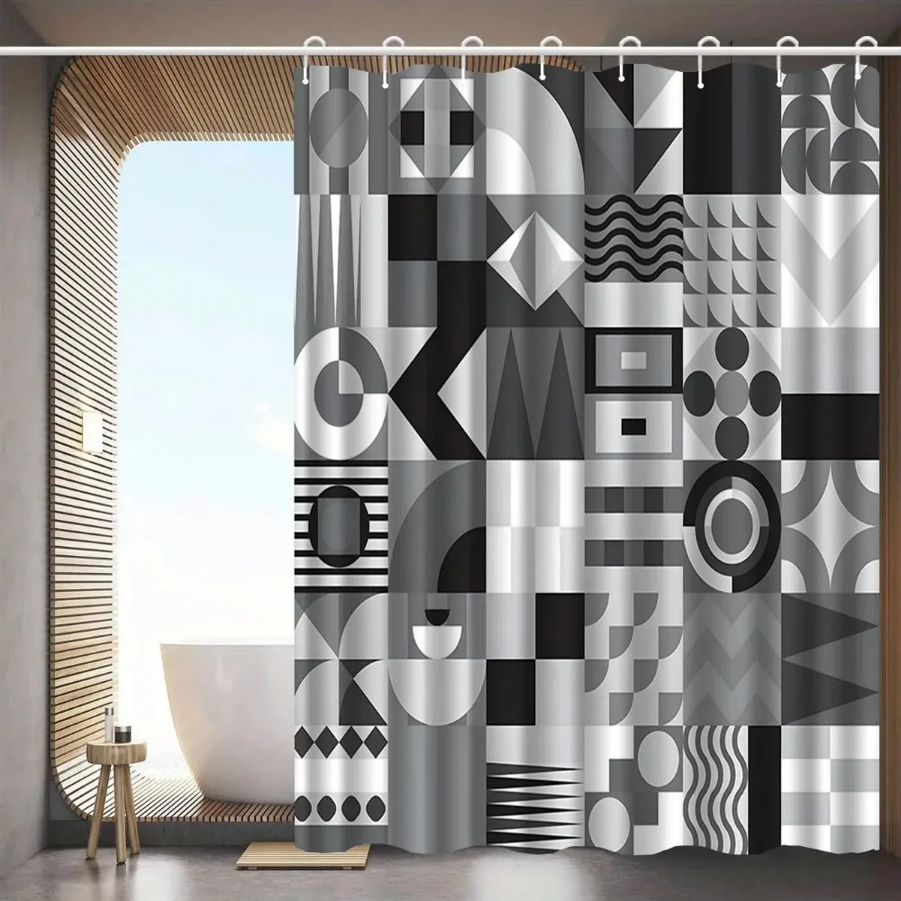 

Modern Minimalist Geometric Shower Curtain with Hooks Washable Fabric Bath Partition Waterproof Screen Home Bathroom Decor