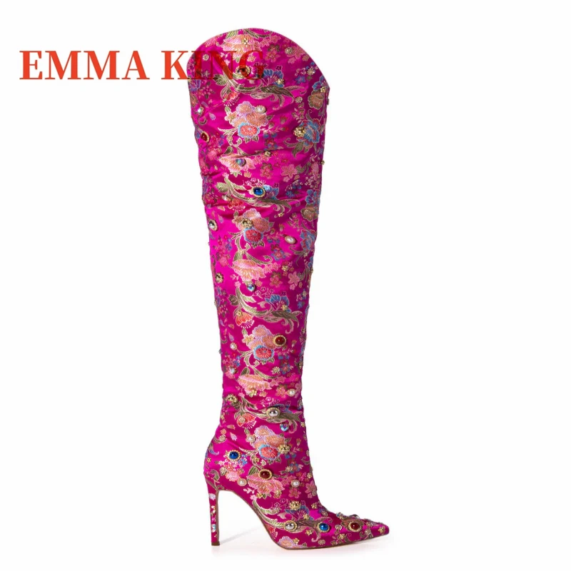 الأزهار التطريز فوق الركبة الأحذية مثير الإناث الخريف أشار تو الفخذ أحذية عالية الأحجار الكريمة التفاصيل أحذية الحفلات للمرأة #2