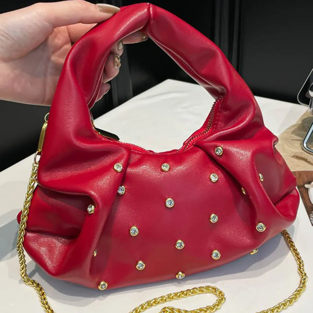 

New Luxury Rhinestone Decor Leather Bag Pleated Design Women Crossbody Bag Chain Shoulder Underarm Bags High Quality Bags