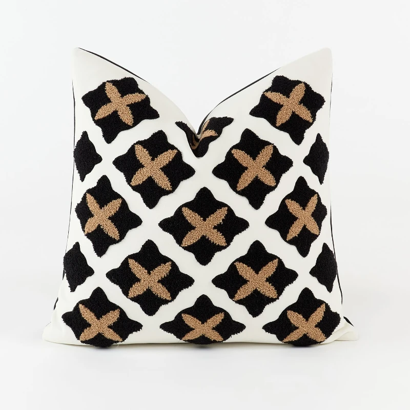 Retro-style high-end dark brown floral pattern living room sofa cushion cover, single-sided embroidered square cushion cover