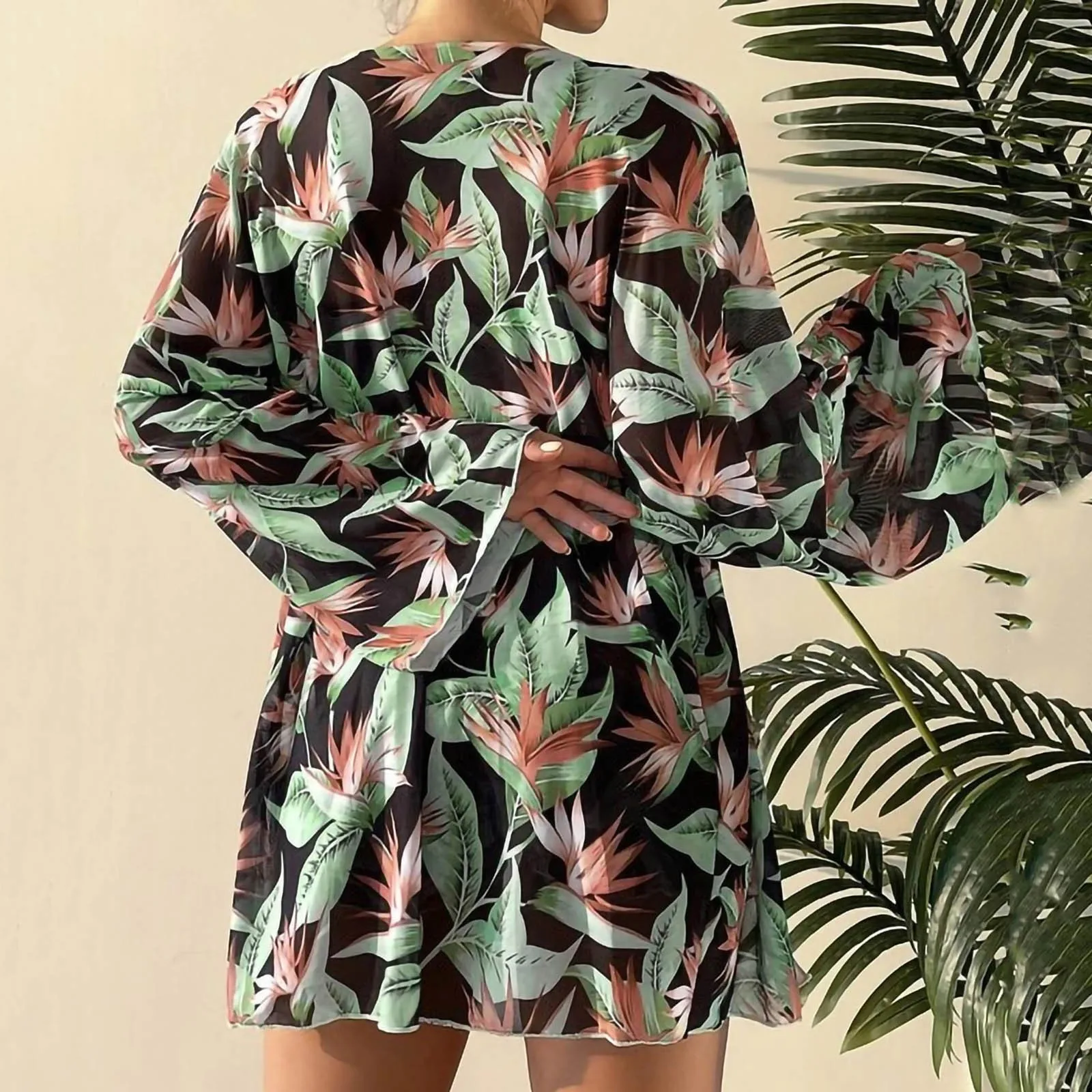 Women Floral Print Bikinis Set 2023 New Sexy Three Piece Beach Cover Up Push Up Summer Long Sleeve Twist Swimwear Bathing Suit