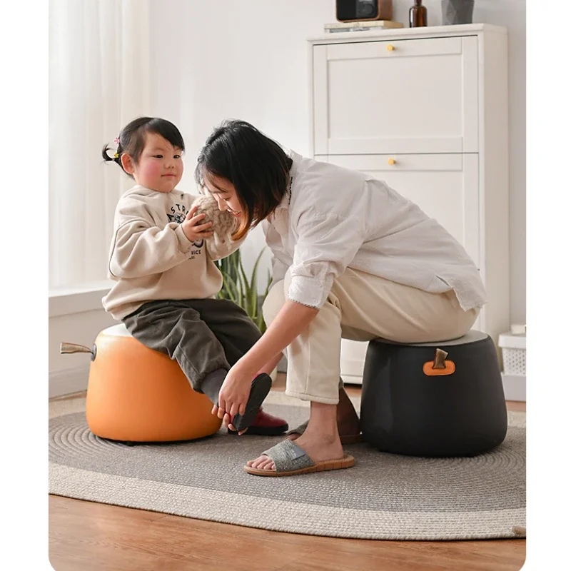 Low Small Leather Bench Stool for Children, Round, Solid Wood, Coffee Table, Home, Living Room