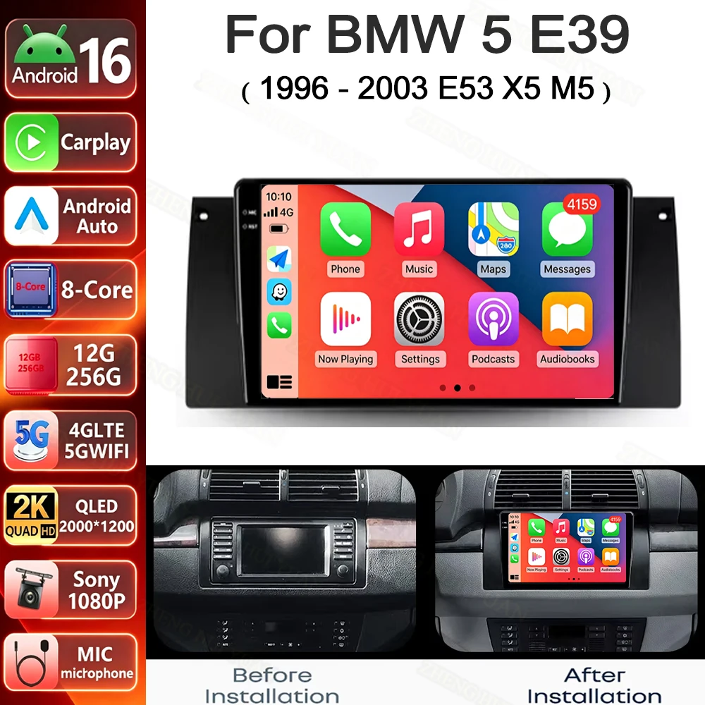Android 16 Car Radio For BMW 5 E39 1996 - 2003 E53 X5 M5 Stereo Multimedia Player GPS Navigation Wireless CarPlay Android Auto