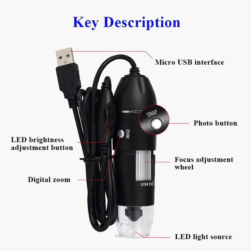 Digital Microscope Handheld USB HD Microscope Inspection Camera 1600X Magnification with Flexible Stand For iPhone iPad PC