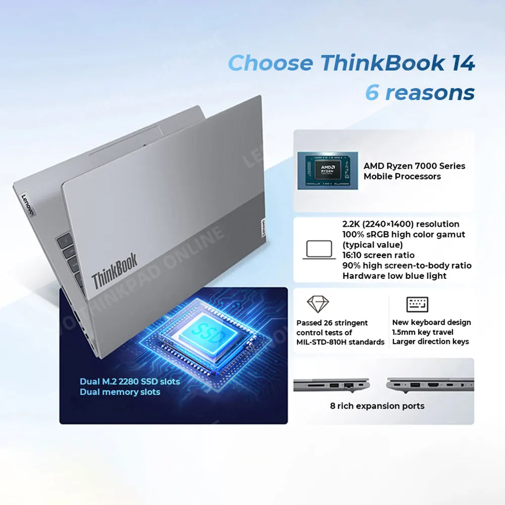 Lenovo thinkbook 14 portátil amd r5 7530u/r7 7730u radeon gráficos 16gb ram 1tb/2tb ssd 14 polegadas 2.2k teclado retroiluminado notebook pc