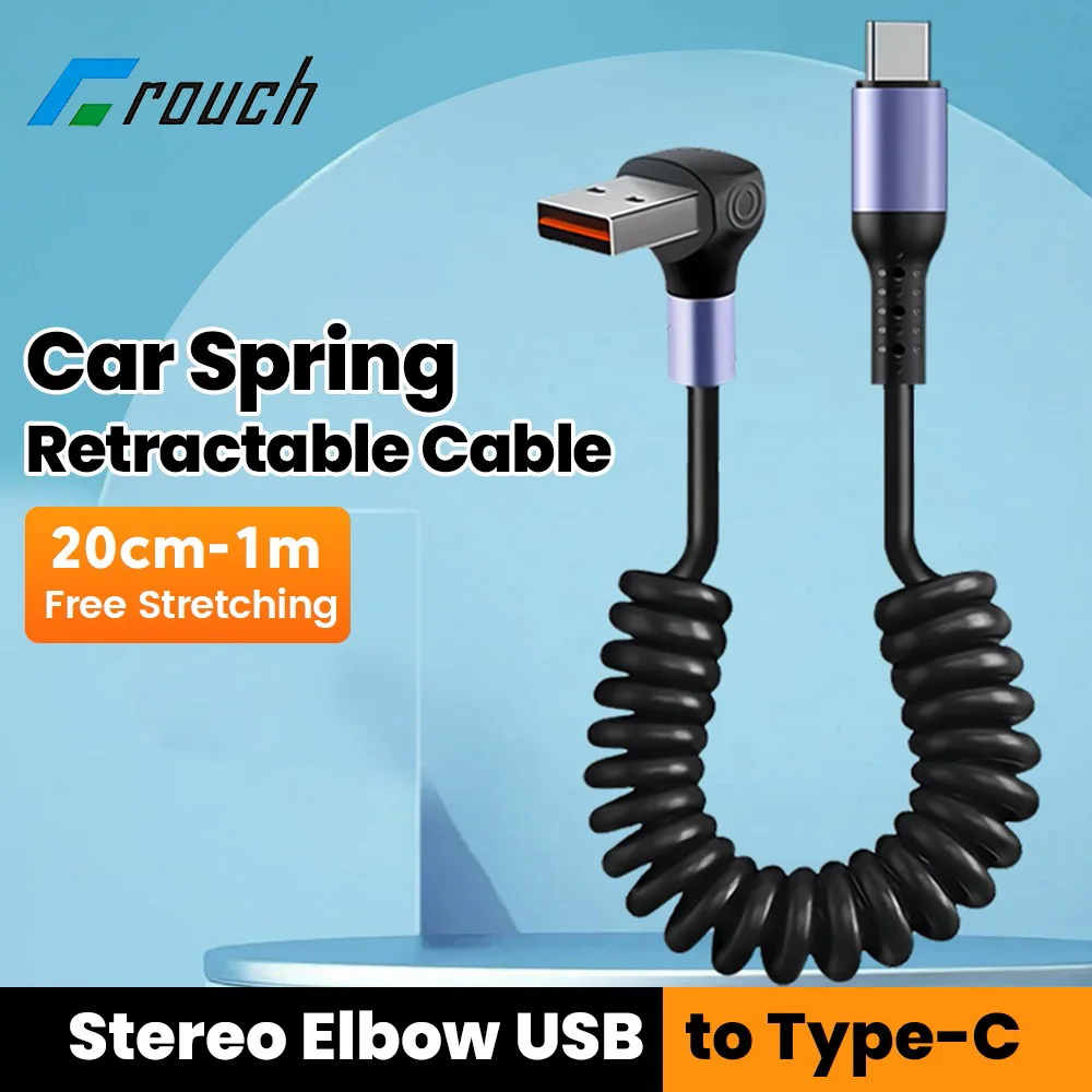 66W Elbow Spring Data Cable Retractable USB C To Type C Fast Charging Cable for iphone 15 Samsung Xiaomi Huawei USB Type C Cable