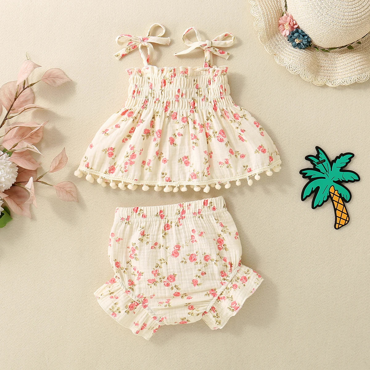 Summer Infant Girl's Floral Embroidered Sweet Cute Halter Dress And Shorts Two-Piece Set for Babies