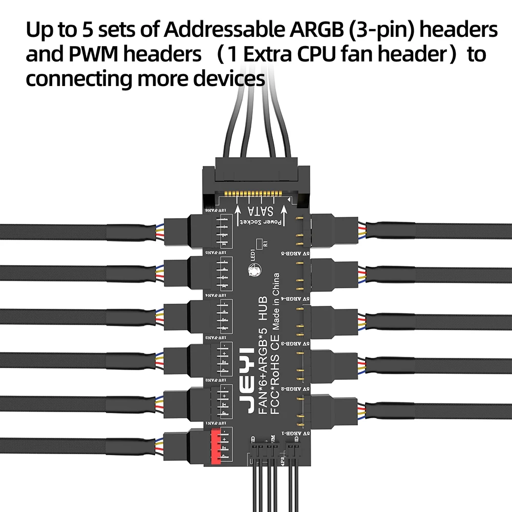 JEYI ARGB PWM 5 vie Fan Hub, indirizzabile 12V 4pin PWM e 5V 3pin ARGB 2-in-1 Hub, RGB Fan, RGB striscia Splitter