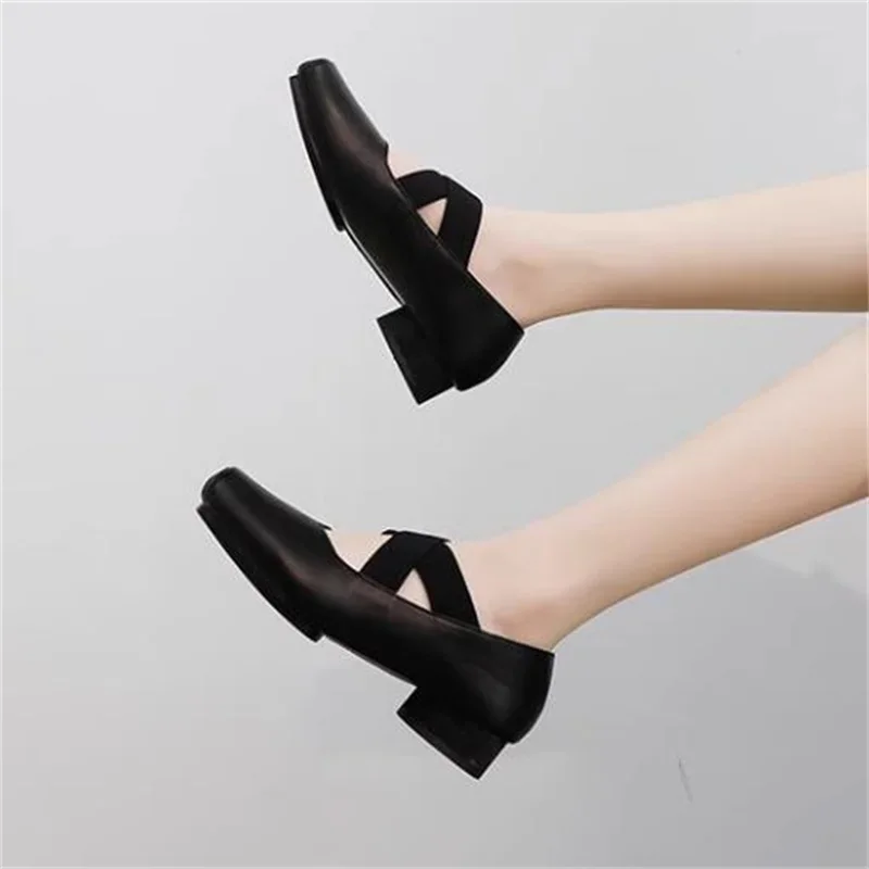 Crossover Strap Shoes For Womens Square Toes Ladies High Heels Mary Janes PU Leather Zapatos Mujer Shallow Tacone Chassure Femme